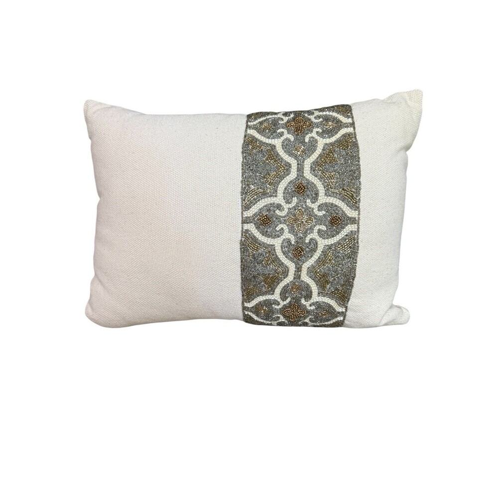 Pier 1 Beaded Lumbar Throw Pillow Beige Gold Silver 17 x 12.5 in
